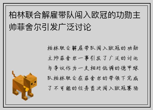 柏林联合解雇带队闯入欧冠的功勋主帅菲舍尔引发广泛讨论